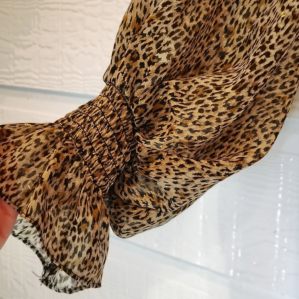 Vince Camuto Top Womens M Brown Ruffle Leopard Print Smock Sleeve Maximalist - Picture 3 of 8